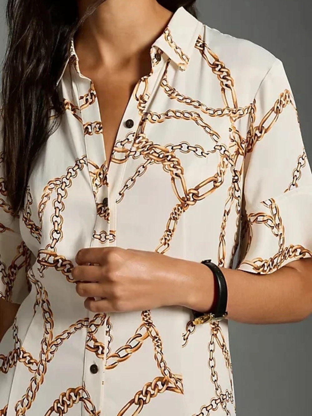 Maeve Anthropologie White Gold Chain Print Maxi Shirt Dress 2X Old Money Boho - Picture 3 of 17